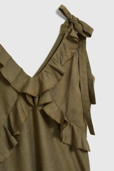 Wiskozowa sukienka z falbankami oliwkowa