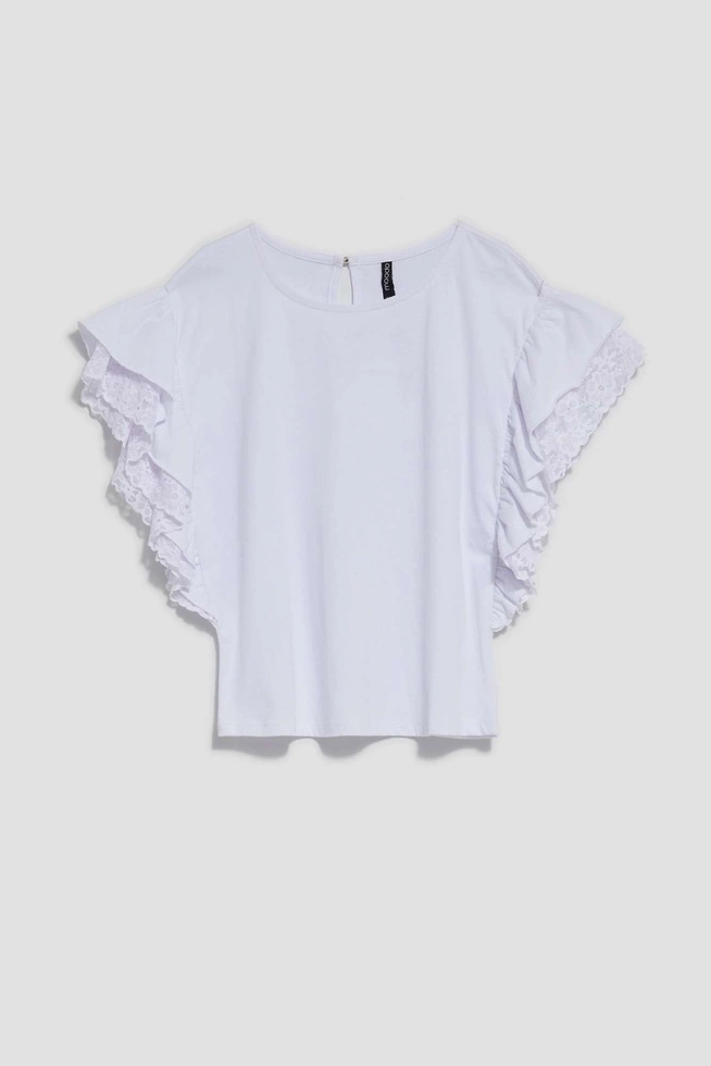 Bluzka z koronką i falbaną na krótkich rękawach biała