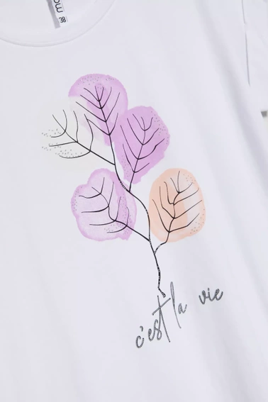 T-shirt z roślinnym wzorem biały 