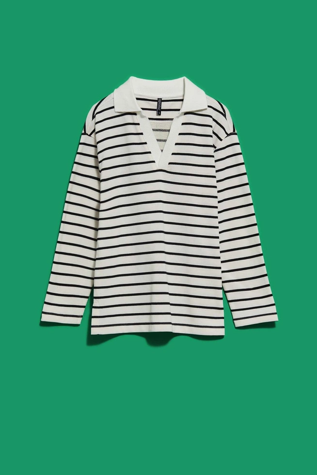 Bluza w paski z dekoltem w serek i kołnierzykiem perłowo-czarna