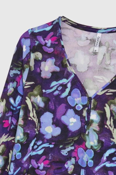 Bluzka w kwiaty z dekoltem w serek granatowa 