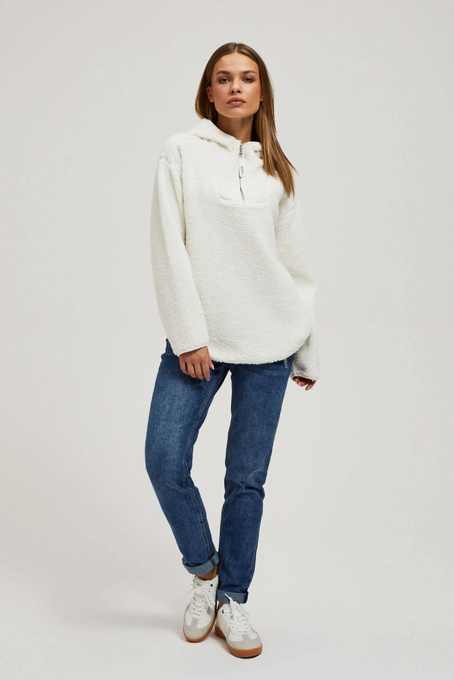 Bluza z kapturem i zamkiem na dekolcie perłowa