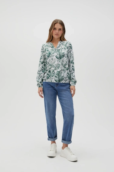 Wiskozowa koszula z tropikalnym wzorem oliwkowa