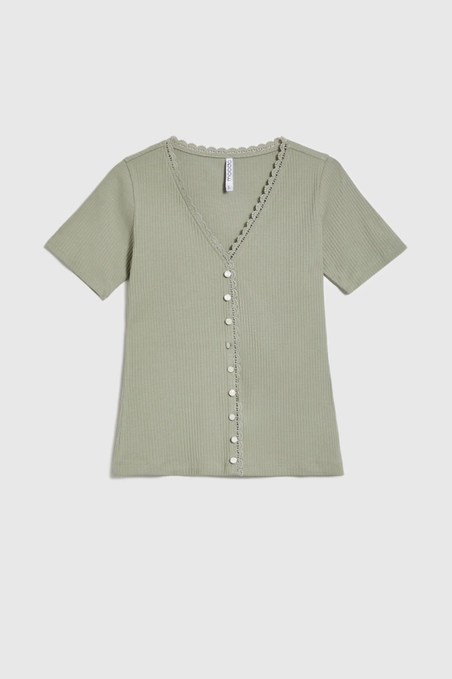 Bluzka z koronkowym dekoltem oliwkowa