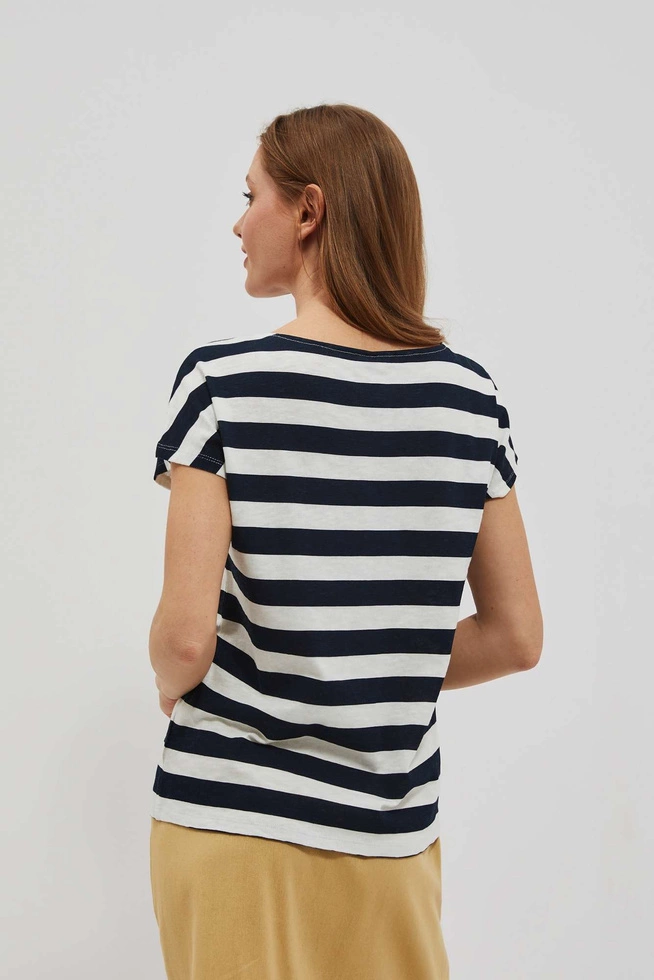 T-shirt w paski z dekoltem w serek i krótkimi rękawami granatowy