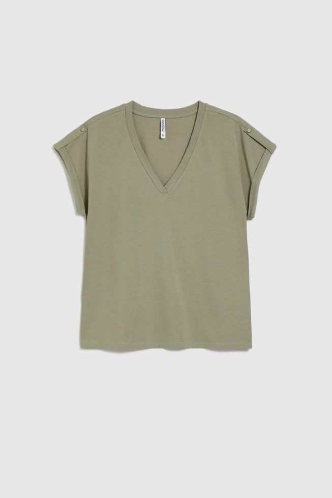 Gładki t-shirt z dekoltem w serek oliwkowy