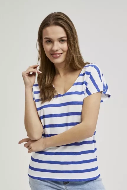 Bluzka w cienkie paski z krótkimi rękawami niebieska