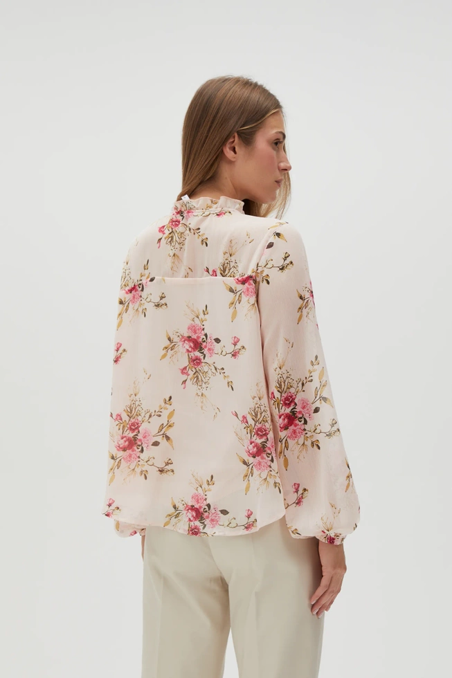 Koszula w kwiaty z falbankami i bufiastymi rękawami różowa