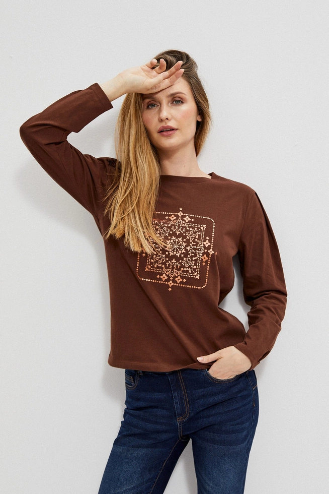 Bluzka z długimi rękawami i metalicznym printem kasztanowa