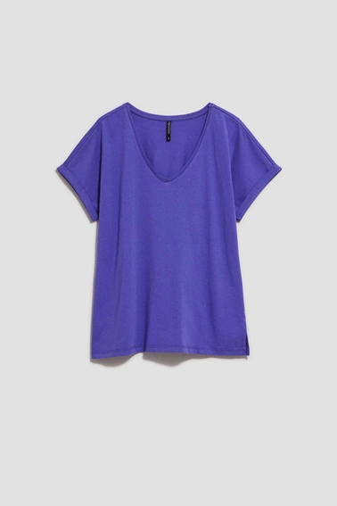 Bawełniany t-shirt z dekoltem w serek fioletowy