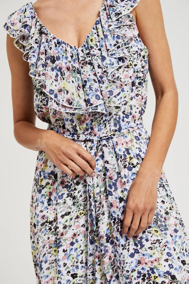 Sukienka z kwiatki z falbaną na dekolcie błękitna