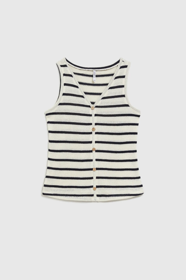 Bluzka w paski z dekoltem w serek i guzikami beżowa