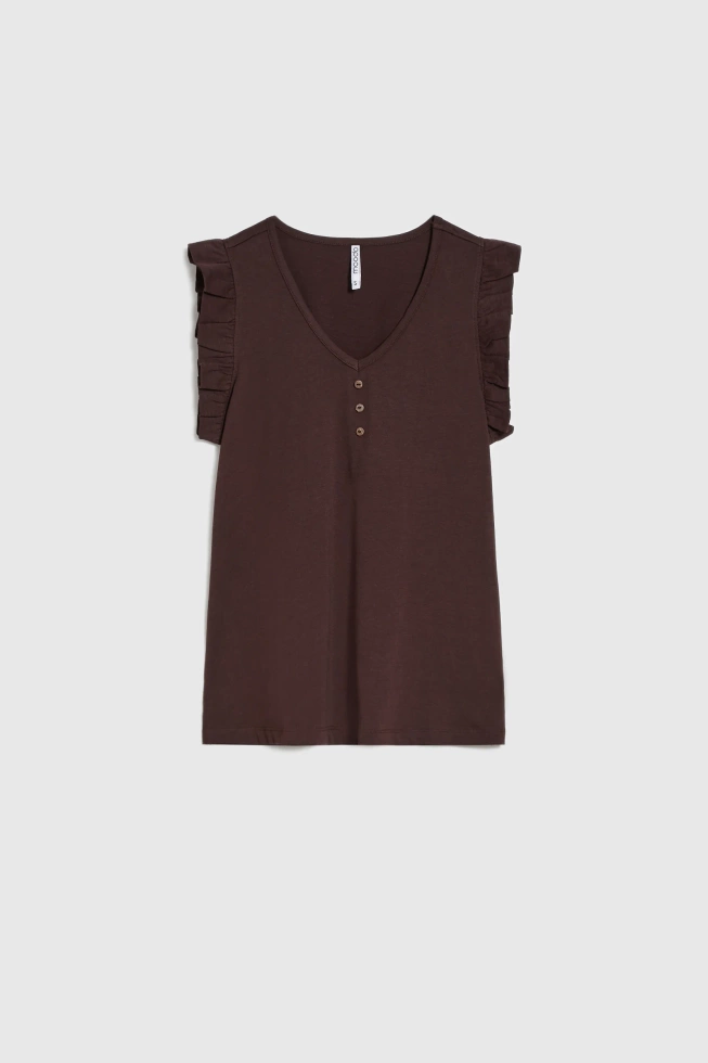 Bluzka z falbaną na ramionach brązowa