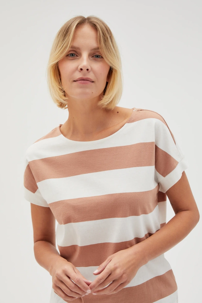 Bluzka w paski z krótkimi rękawami beżowa