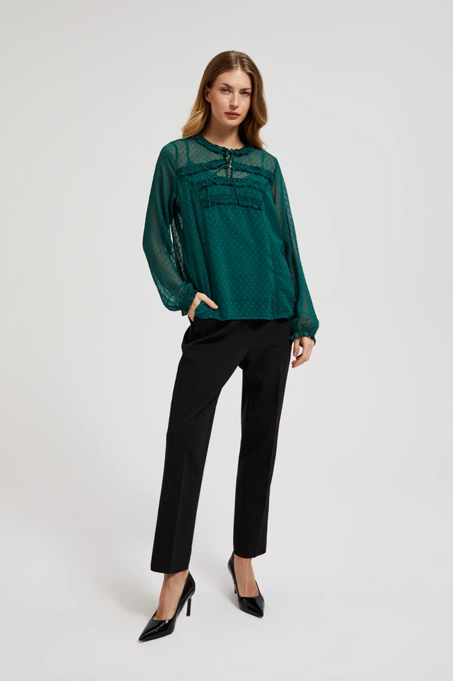 Koszula z falbankami i wiązaniem na dekolcie zielona