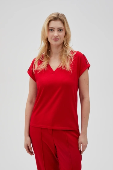 Gładki t-shirt z dekoltem w serek czerwony