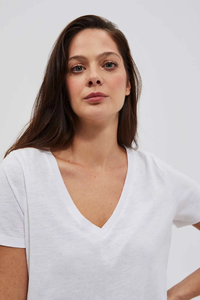 Bawełniana bluzka z dekoltem w serek i krótkimi rękawami biała