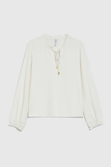 Koszula z wiązaniem na dekolcie i bufiastymi rękawami biała 