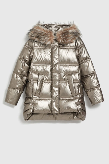 Metaliczna kurtka z futrzanym kapturem beżowa