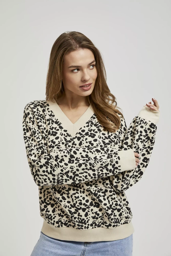 Wzorzysta bluza z dekoltem w serek i długimi rękawami beżowa