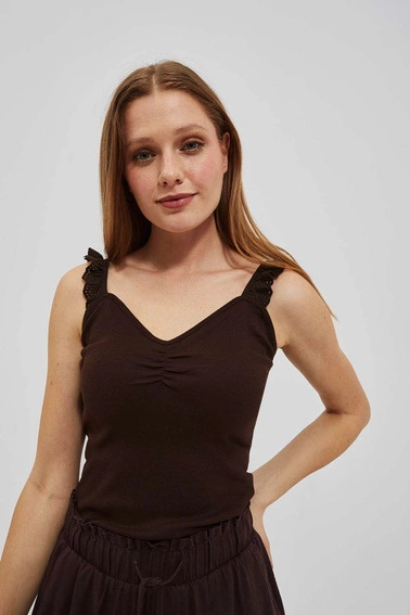 Top z ozdobnymi ramiączkami ciemnbrązowy