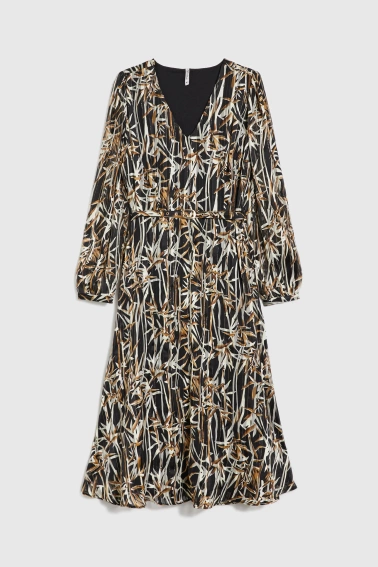 Sukienka w roślinny wzór z paskiem czarna