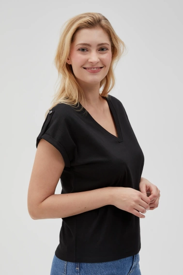 Gładki t-shirt z dekoltem w serek czarny