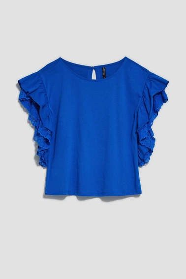 Bluzka z falbaną na ramionach niebieska