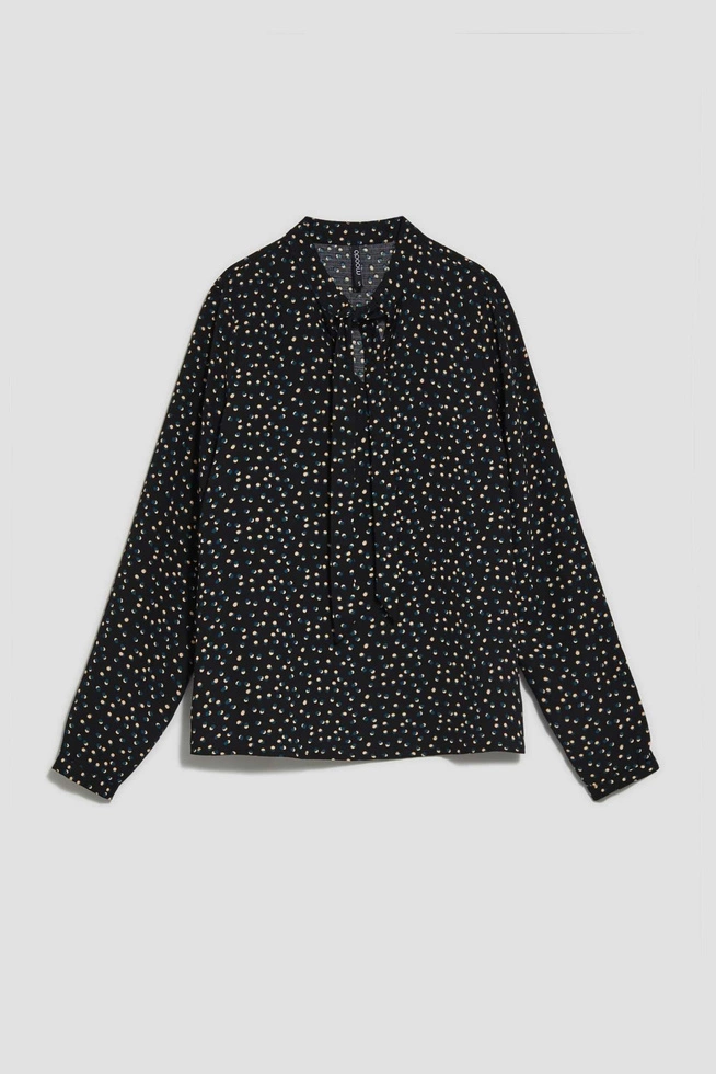 Koszula z wzorem kropek i wiązanym dekoltem czarna