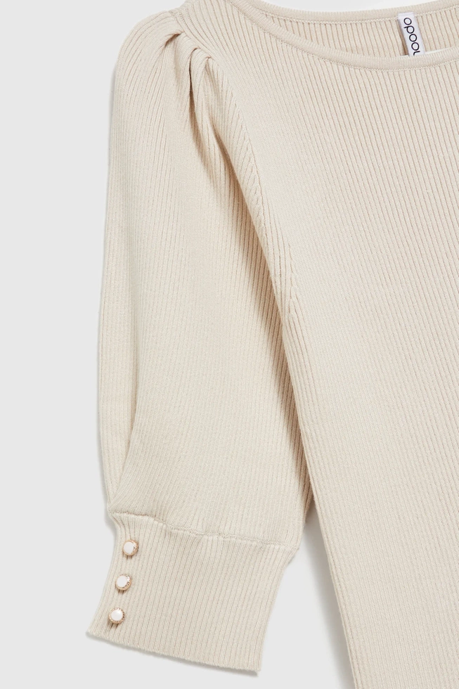 Prążkowany sweter z bufiastymi rękawami beżowy