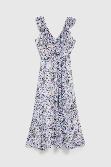 Sukienka z kwiatki z falbaną na dekolcie błękitna