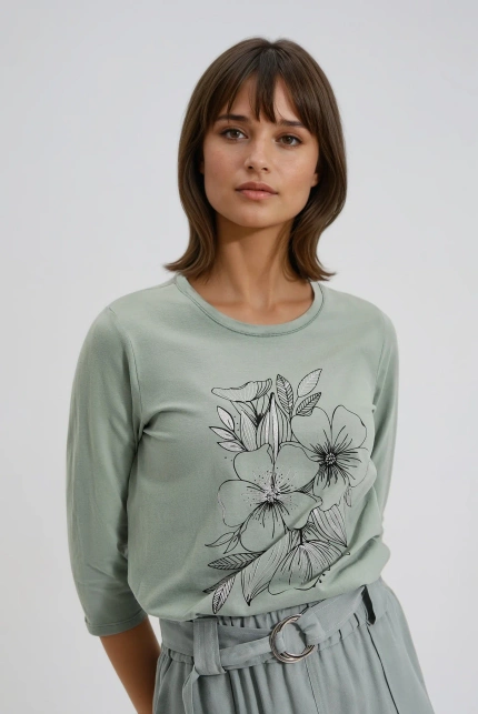 Bluzka z nadrukiem w kwiaty oliwkowa