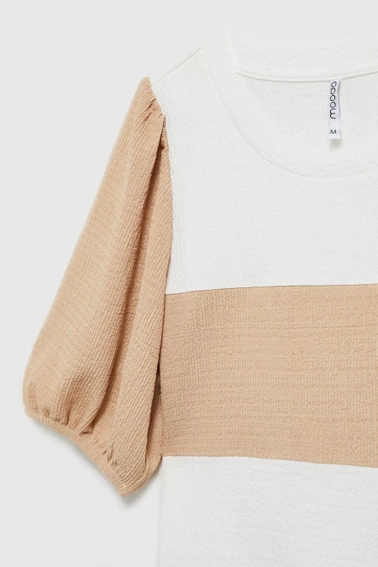 Bluzka w pasy z bufiastymi rękawami beżowa