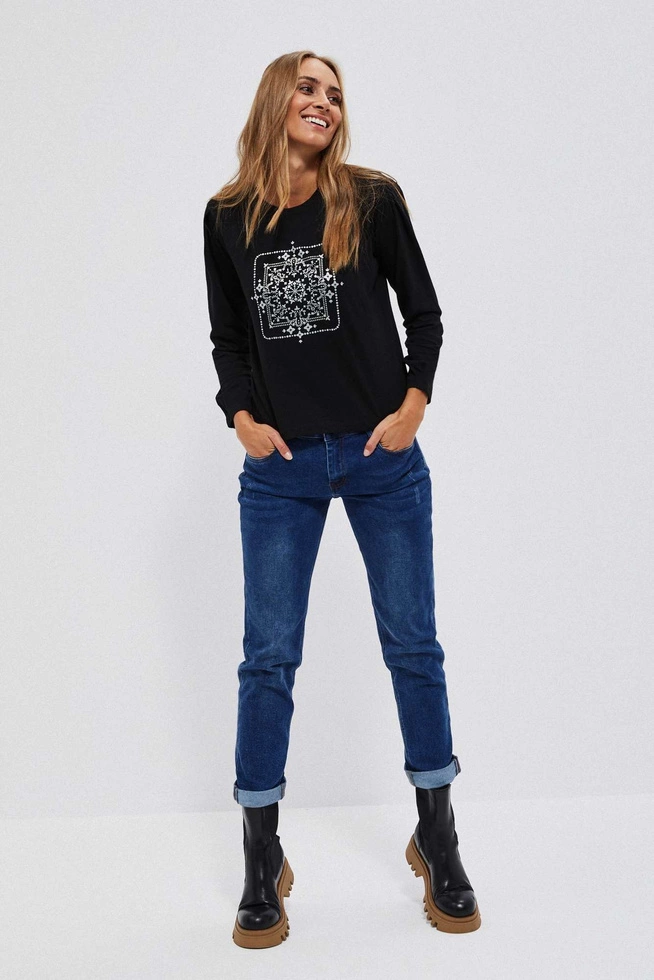 Bluzka z długimi rękawami i metalicznym printem czarna