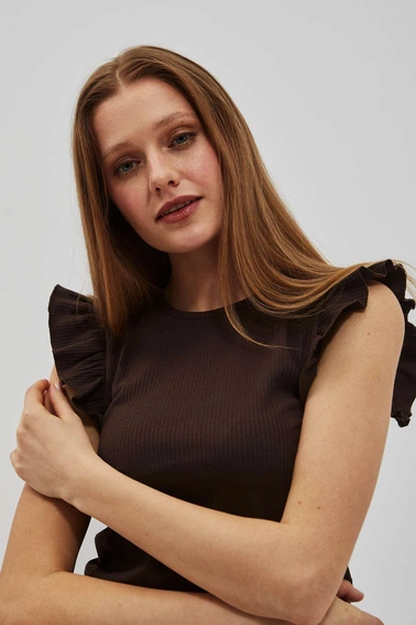 Bluzka z falbaną na ramionach ciemnbrązowa
