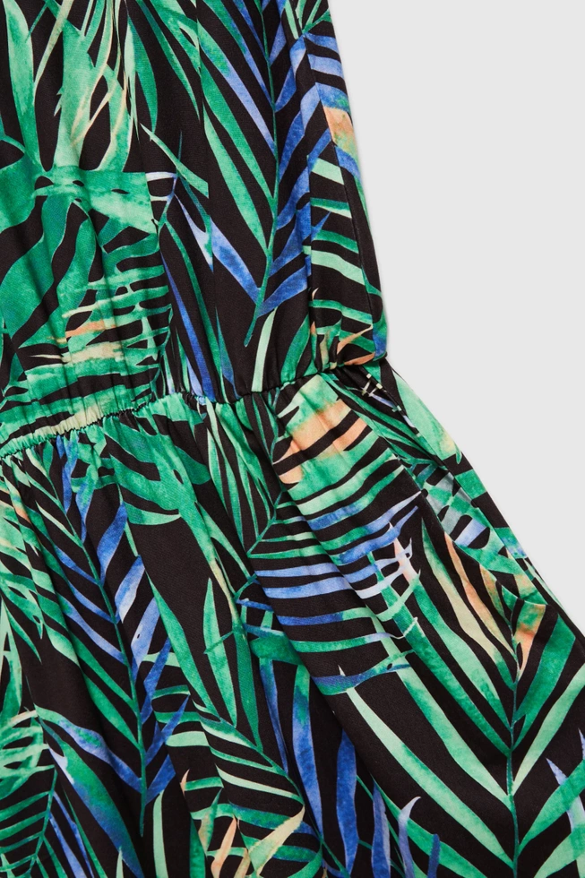 Sukienka w tropikalny wzór z wiązaniem w talii zielona