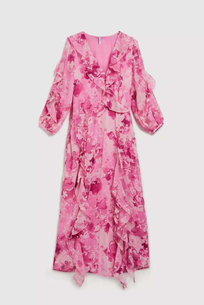 Sukienka z falbanami i kwiatowym wzorem różowa