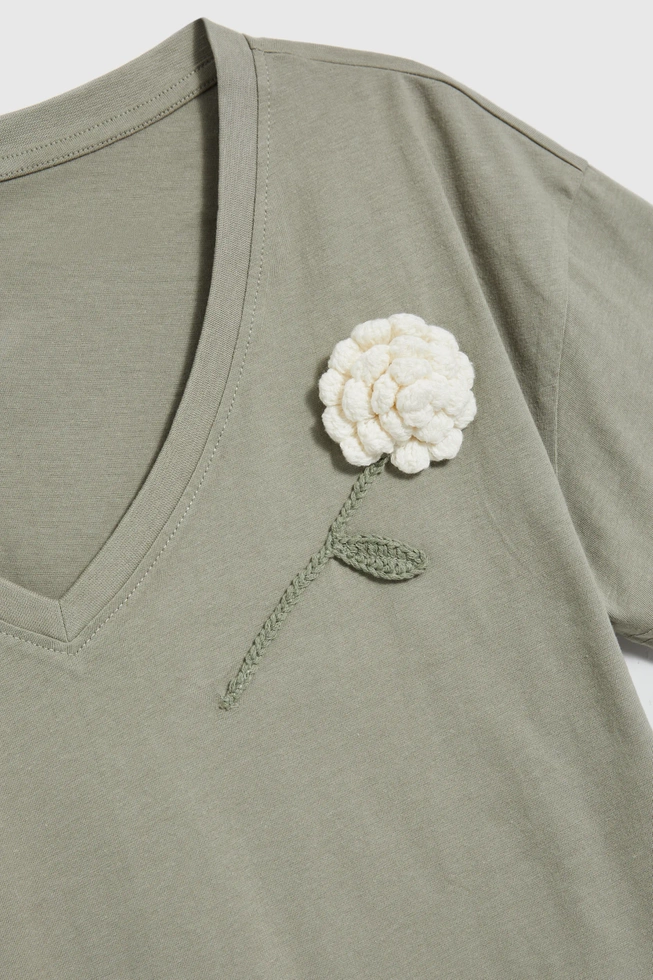 Bluzka z szydełkową aplikacją oliwkowa