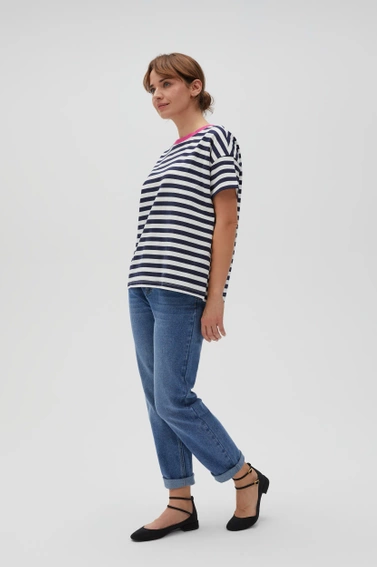 Bawełniana bluza w paski z krótkimi rękawami granatowa