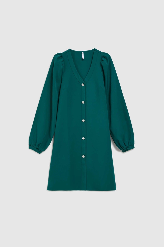 Sukienka z bufiastymi rękawami i ozdobnymi guzikami szmaragdowa