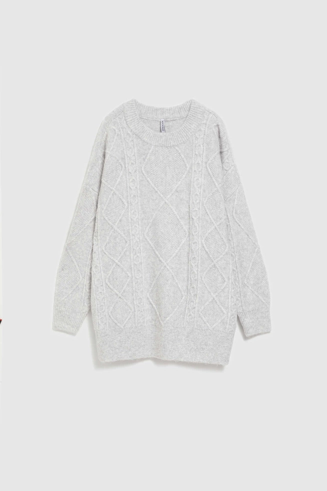 Sweter z ozdobnym splotem jasnoszary
