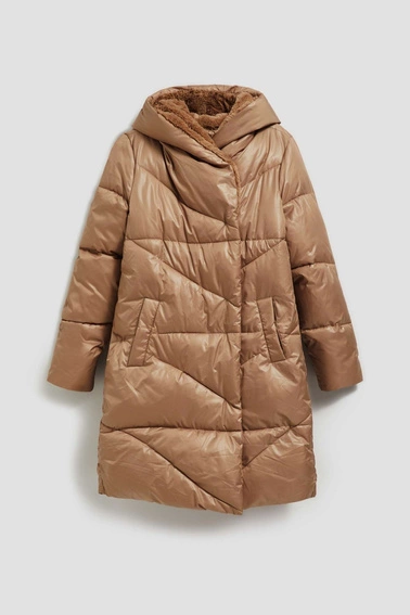 Długa kurtka z kapturem ciemnobeżowa