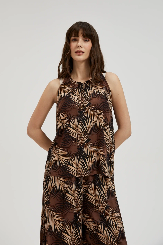 Koszula w tropiklany wzór z wiązanym dekoltem czarna