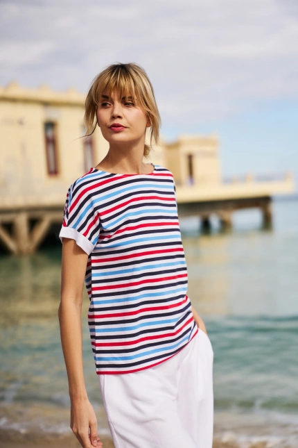 T-shirt w paski granatowy