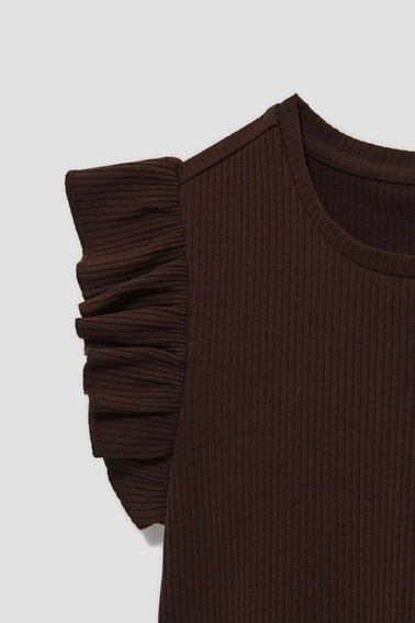 Bluzka z falbaną na ramionach ciemnbrązowa