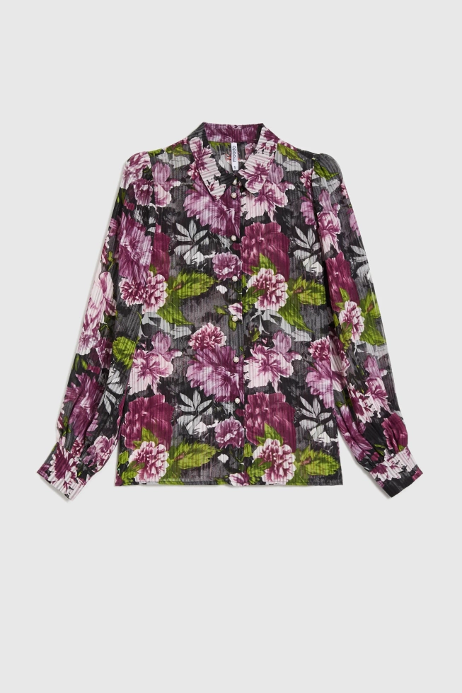 Koszula w kwiaty z bufiastymi rękawami czarna