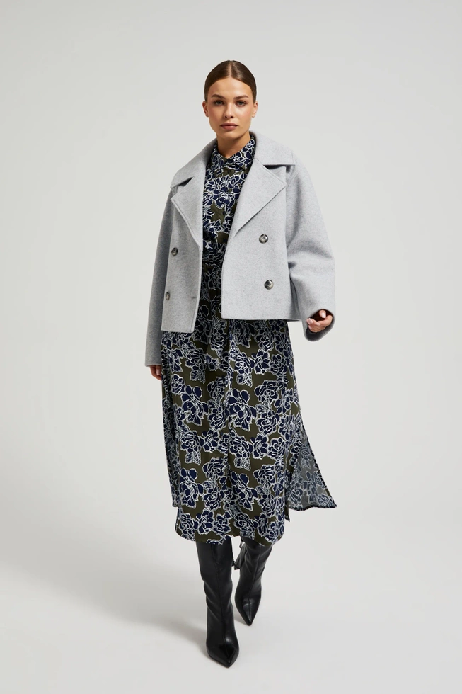 Dwurzędowy krótki płaszcz szary