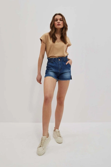 T-shirt z dekoltem w serek ciemnobeżowy