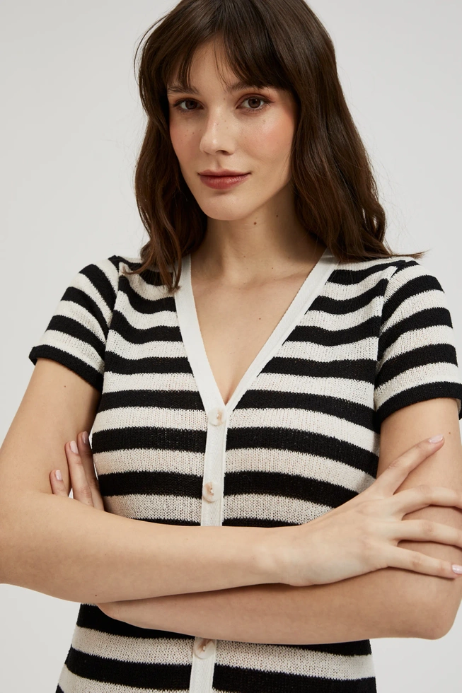 Sukienka w paski zapinana na guziki czarno-beżowa