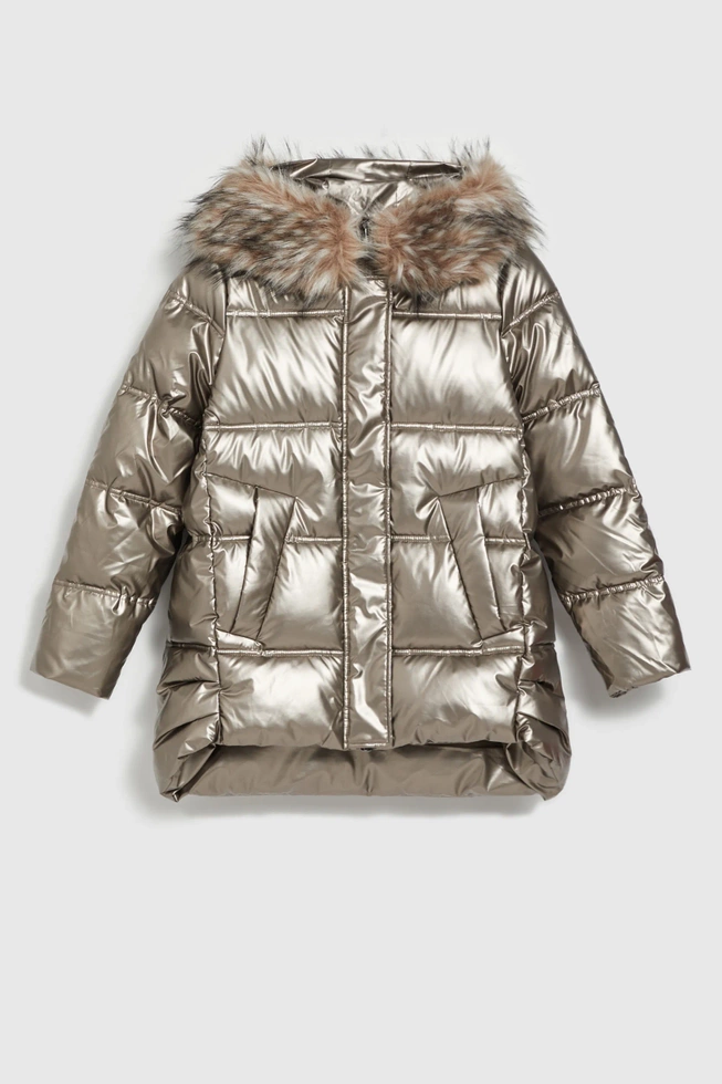 Metaliczna kurtka z futrzanym kapturem beżowa
